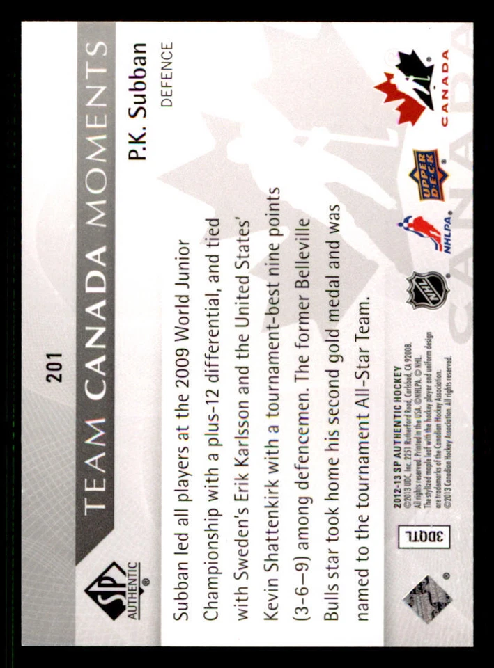 2012-13 SP Authentic #201 P.K. Subban TC - Image 2 of 2