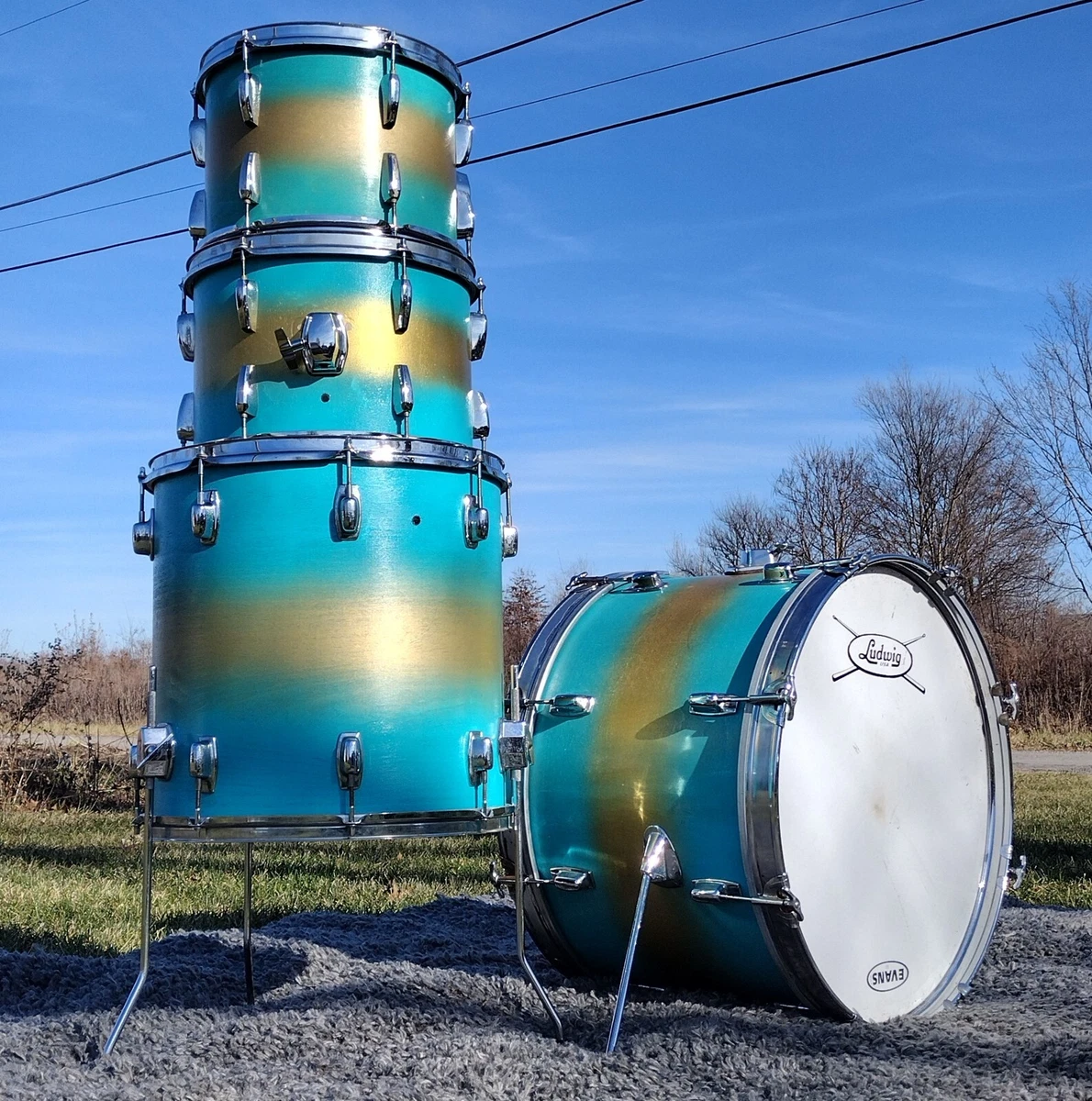 Vtg Style Ludwig Rocker Teal Gold Duco 4PC Drum Set