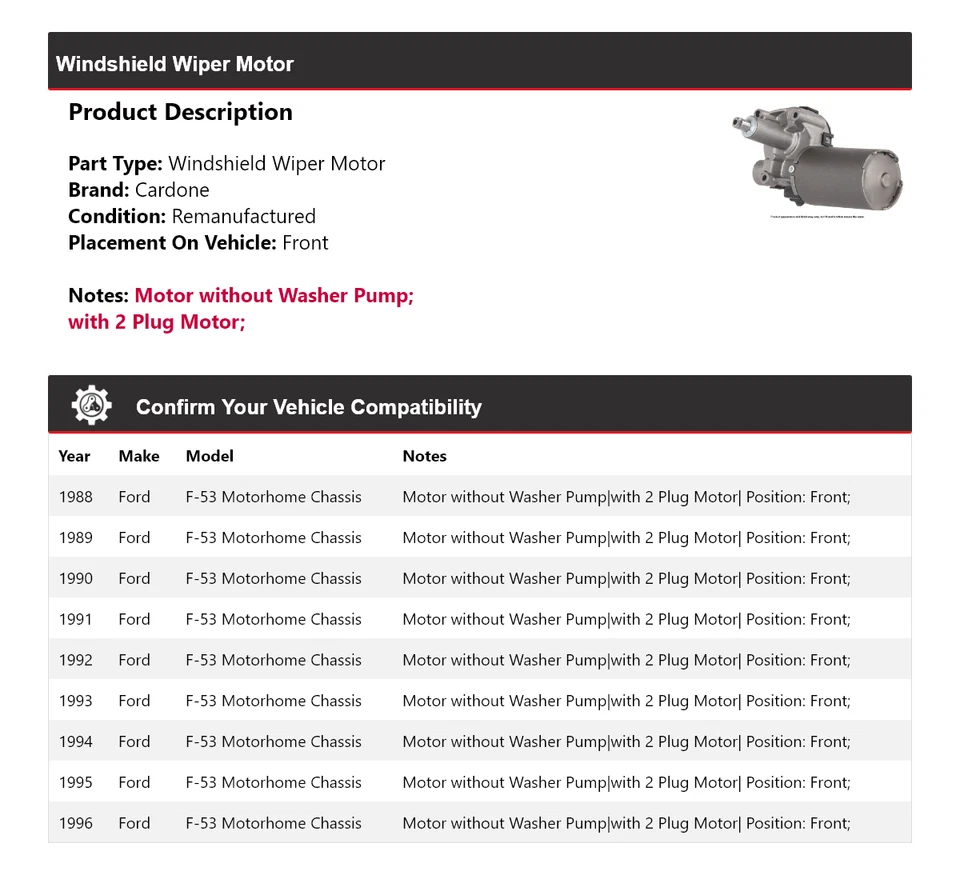 Para Ford F-53 1988-1996 Autocaravana Chasis Parabrisas Limpiaparabrisas Motor Delantero Cardone Foto 2 de 4