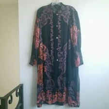 Citron L Silk Black Sheer Multicolor Filigree Button Front Long Layering Tunic