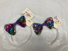  LOT OF 2 Build-A-Bear Workshop Reversible Rainbow Sequin Bow Headband- NEW