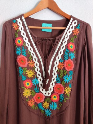 Judith March Brown Boho Embroidered Floral Tunic Mini Dress Size Small  **Flaw** | eBay