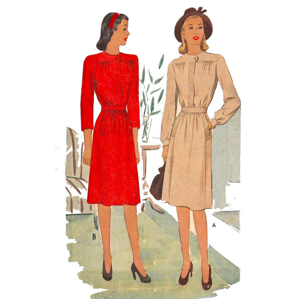 1940s Pattern, Picture Perfect Day Dresses Bust=30