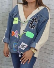 Pastel Sz S Women's Open Front Cardigan Jean Patchwork Rib Knit Sweater Coats