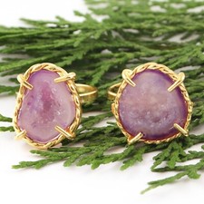 Crystal Geode Druzy Yellow Gold Plated Prong Set For Girl Wear Adjustable Ring