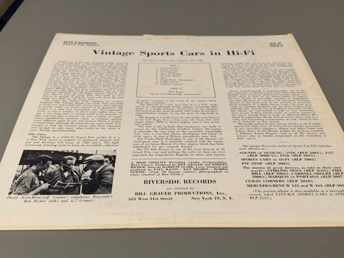 Vintage Sports Cars In HI-FI BUGATTI Bill Grauer LP Record #RLP 5013 (RIVERSIDE) - Picture 3 of 5