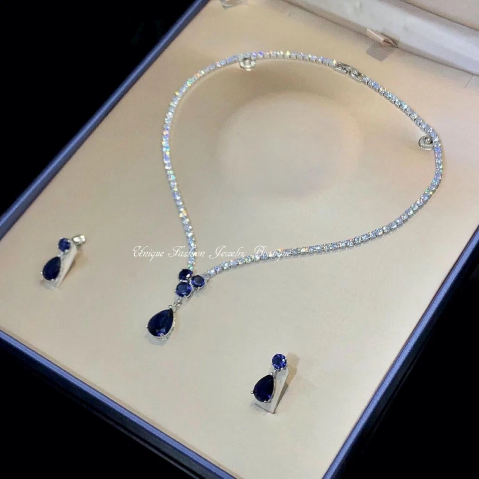 18k Platinum Filled Lab-Created Blue Sapphire Necklace Earrings Set Women’s Gift - Image 4 of 4