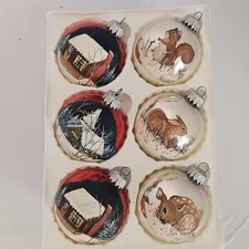 Christmas 2.64" Glass Ornaments Set Hand Painted Woodland Animals & Cabins