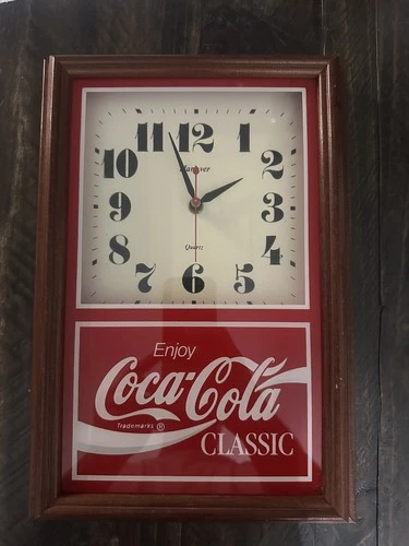 VTG 90s Coca-Cola Hanover Quartz Wall Clock Wood Frame 14x9.5 Works