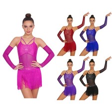 Womens Dancwear Latin Bodysuit Strappy Dance Dress Tiered Tassel Jumpsuit Stage
