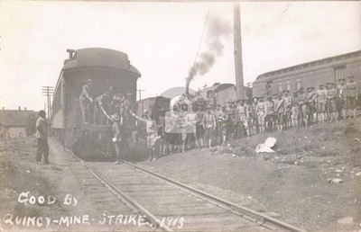 Railroad ''Good Bye'' Quincy Mine Strike MI Michigan 1913 RPPC Photo Postcard COPY