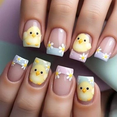French Style Colorful Easter Chick And White Floral Short Square Press On Nail