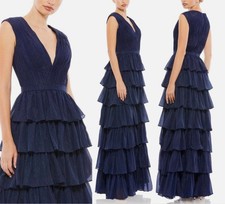 Mac Duggal V-Neck Tiered Blue Sparkly Ruffled Layered Gown Dress Size 4