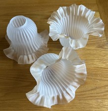 Set Of 3 Frilled Opaque White/tinted Glass Lamp Shades. Perfect Condition.