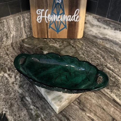 Oval Relish Dishes, turquoise. Embossed 2 Sunflower Indiana Depression Glass