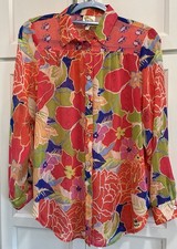 Fig  Flower Multicolor Floral Feminine Button Long Roll Tab Sleeve Blouse Sz S