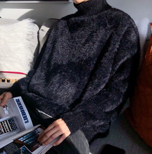 Mens High Neck Sweater Soft Faux Mohair Fur Chic Casual Loose Blouse Tops Black