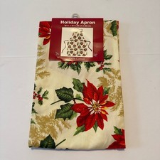 Holiday Apron Christmas Poinsettia Holly Berry 100 Cotton 26x32 Cream Red Green