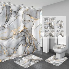 4PCS Marble Bathroom Sets with Shower Curtain and Rugs, Abstract Shower Grey