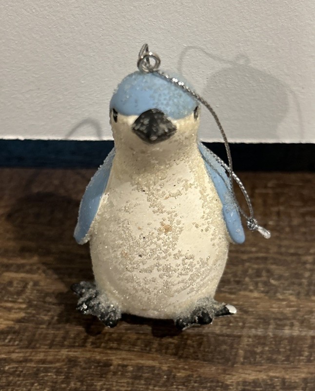 Vintage Wooden Bird Ornament Blue White