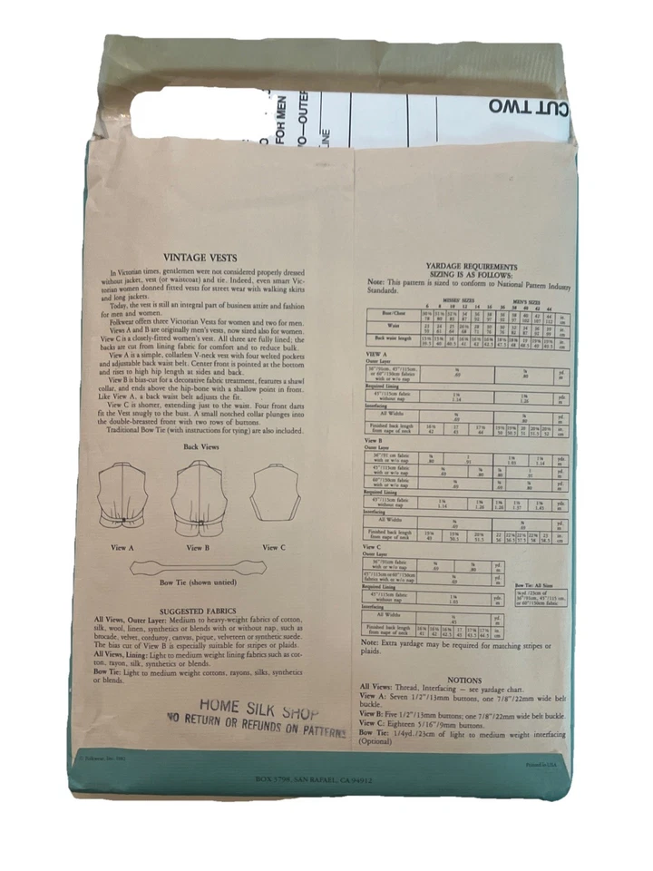 Victorian Men and Women's Vest Sewing Patterns Vintage Folkwear 222 Uncut - Image 2 of 2