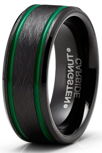 Men's Tungsten Black Brushed Wedding Band Engagement Ring Green 8MM Comfort-Fit - Picture 2 of 5