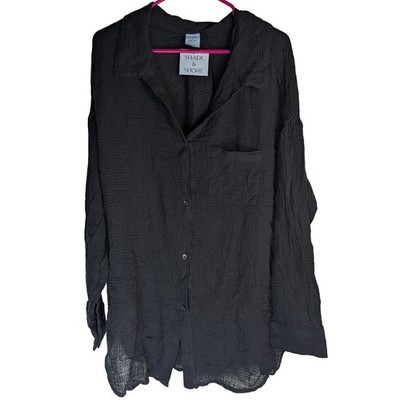 Shade & Shore Button Down Shirt Women Size L Black Gauze Cotton Beach Coverup L