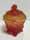 Jeanette Glass Amberina Vintage Footed Harvest Grapes Candy Dish With Lid