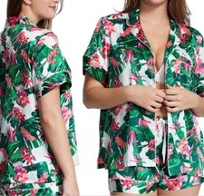 VICTORIA'S SECRET SATIN SLEEP SET PAJAMA SHIRT SHORTS TROPICAL FLORAL M
