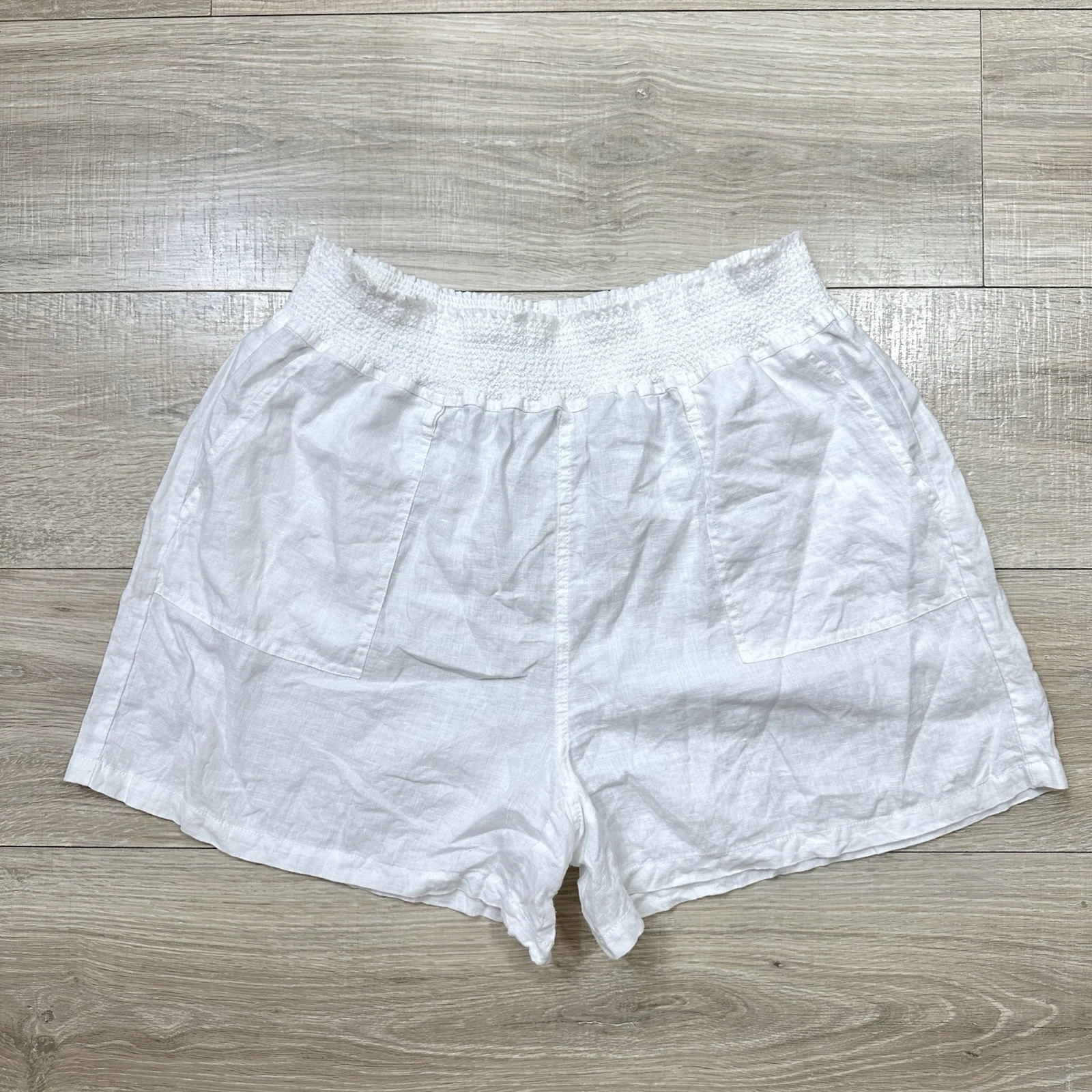 Magaschoni White 100% Linen Smocked Waist Pockets High Rise Paper Bag Shorts Lrg