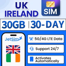 JetSIM UK Travel SIM Card / Ireland SIM Card 30GB High-Speed Data (30 Days)
