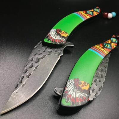 8.25" Green American Indian Tactical Spring Assisted Open Folding EDC ...