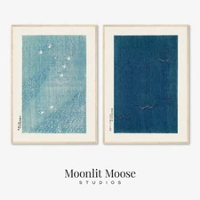 Set of 2 Vintage Japanese Woodblock Prints by Taguchi Tomoki. Blue. 