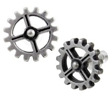 Alchemy Gothic Industrilobe Steampunk Gears Earrings Surgical Posts Pair E353