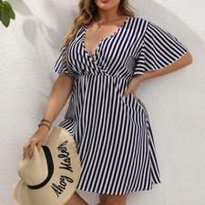 Mujeres Talla Grande Manga Corta Cuello en V Rayas Vestidos Sueltos Vestido Azul Oscuro XL