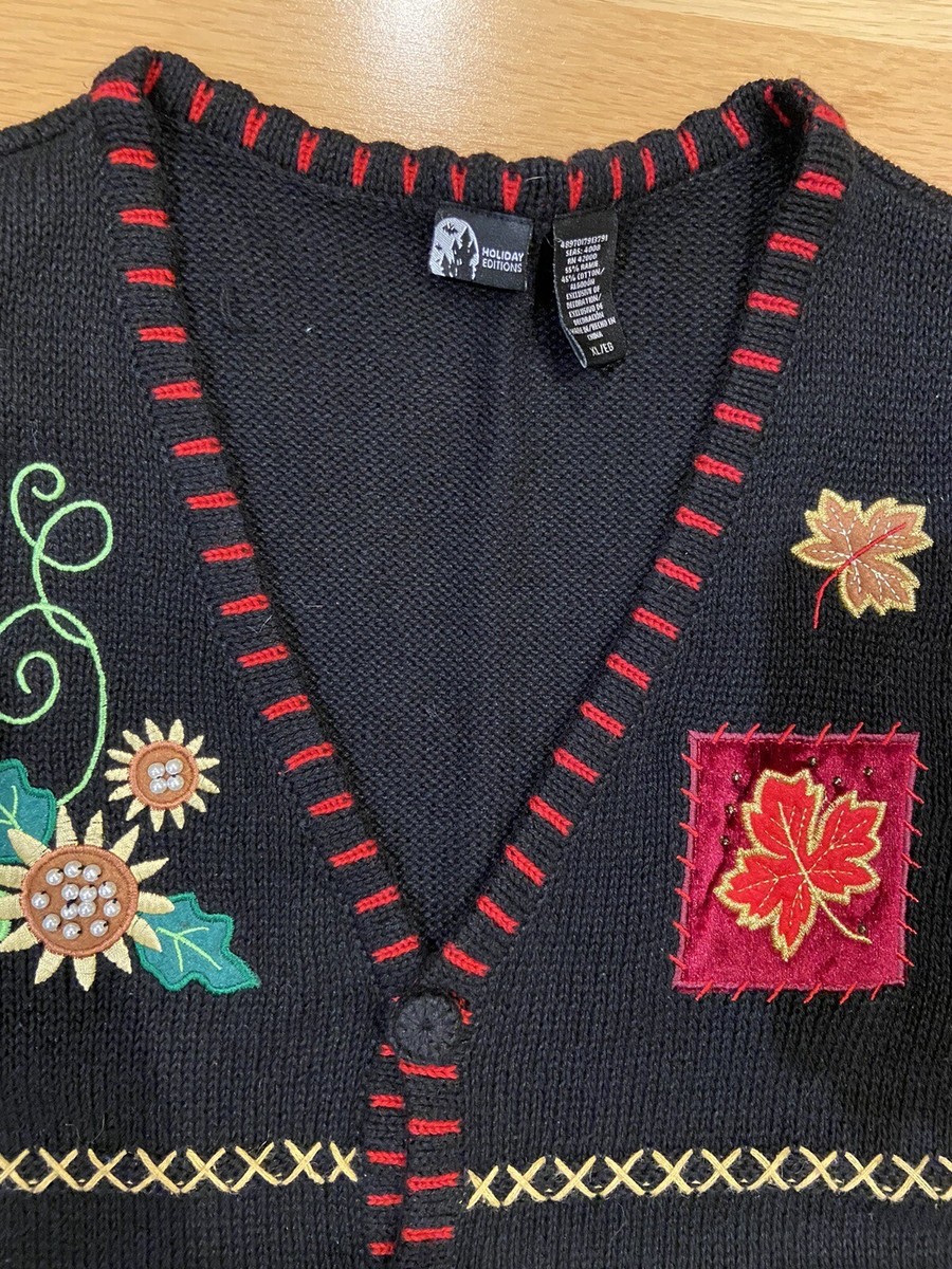 Holiday Editions Women XL Black Knit Fall Thanksgiving Sweater