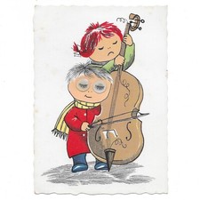 Vtg Novelty Kruger Googly Eye Winking Art Postcard Red Head Girl Boy Cello Music