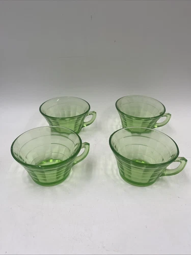 Lot of 4 Green Uranium Glowy Block Optic Depression Glasses Anchor Hocking Rare