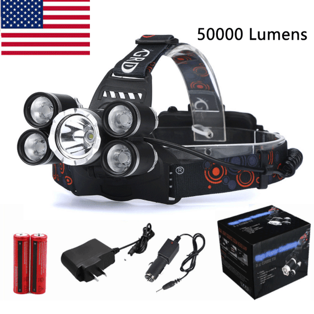 50000LM 5Head CREE XM-L T6 LED 18650 Headlamp Headlight Flashlight Torch Light
