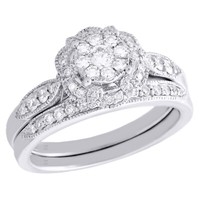 14K WeißGold Diamant Braut Set Halo Verlobungsring + Ehering 0.49 Karat