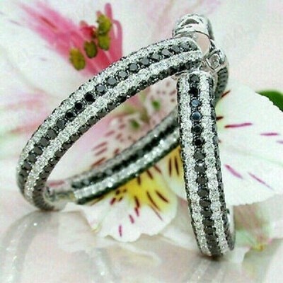 2Ct Lab Created Black & White Diamond Huggie Hoop Earring 14k White Gold Over
