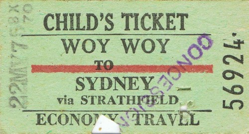 Railway tickets NSWGR Woy Woy to Sydney child's economy single 1975