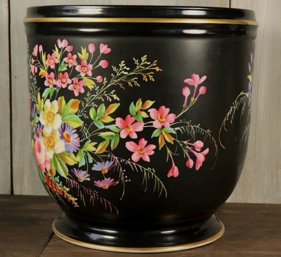 Ancien Grand Cache pot en Porcelaine Peint Main Napoléon III fond Noir Fleurs - Photo 4/4
