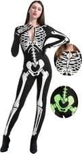 Women Glow in the Dark Skeleton Costume Bodysuit for Adult Halloween Costume Cos