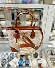 Michael Kors Eva Women XS Logo Convertible Tote Bag + Card Case Wallet Vanilla