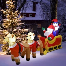 8ft Long Christmas Inflatable Santa Claus & Snowman on Sleigh with Brown 