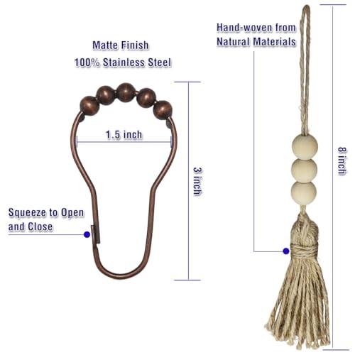 Duschvorhang Haken Ringe für Badezimmer, 12 Stück Edelstahl Bronze Haken & Quasten - Bild 2 von 5