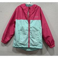 Eddie Bauer Windbreaker Full Zip Girls Sz S 7/8 Fuchsia Aqua Blue Hood Pockets