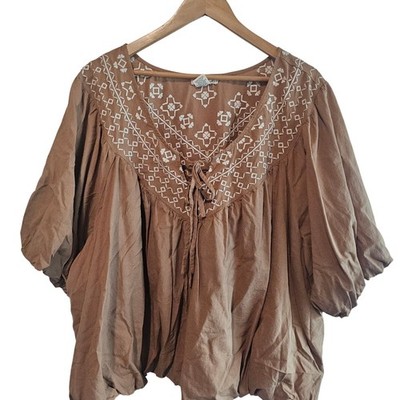 Festi Boho Blouse Womens 4X Brown Embroidered Cottage Indie Relaxed Festival
