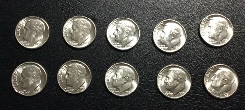 (10) 1955 Roosevelt 90% Silver Dimes BU, Bonus 1-1966 Roosevelt Stamp